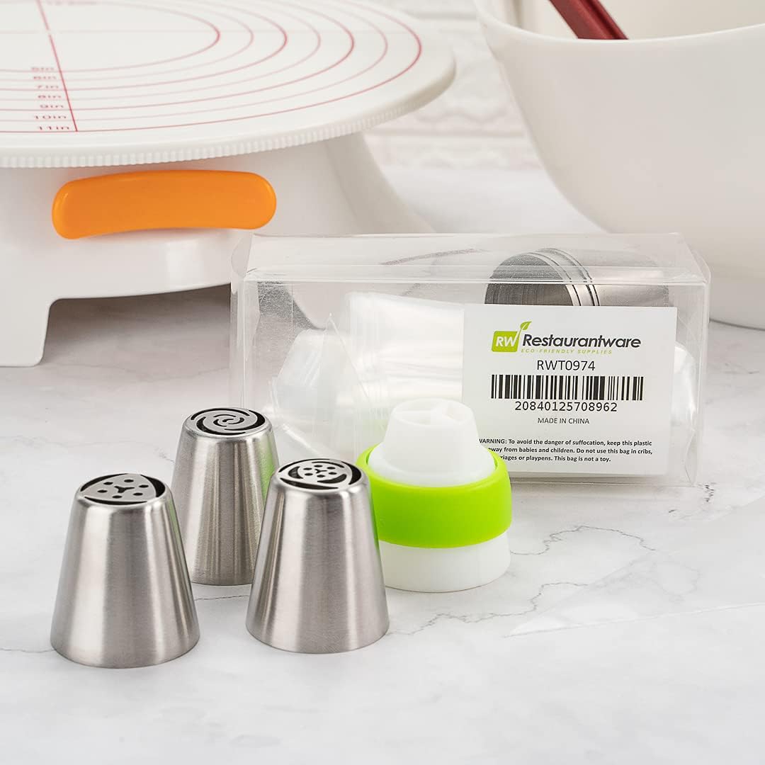 Restaurantware Pastry Tek Russian Piping Tips Set 18 Piece Durable Cake Decorating Kit - 7 Piping Tips 10 Piping Bags Stainless Steel Piping Bags And Tips Set 1 Tri-Color Coupler