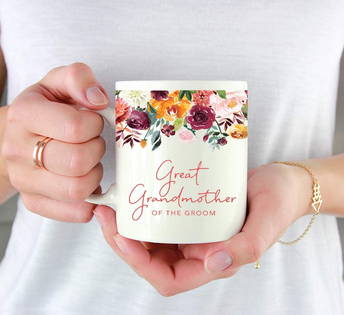 Andaz Press 11oz. Wedding Ceramic Coffee Tea Mug Gift, Fall Autumn Burgundy Orange Peach Flowers Roses Florals, Great Grandmother of the Groom, 1-Pack, Includes Gift Box