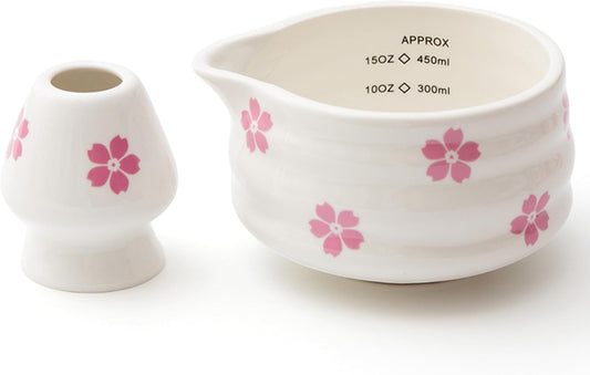 2pcs Matcha Bowl with Whisk Holder, Ceramic Cherry Blossom Matcha Bowl with Spout, 16.5OZ Porcelain Bowl with Measurement Marks,Tea Mixing Bowl with Whisk Stand, Matcha Gift (sakura)