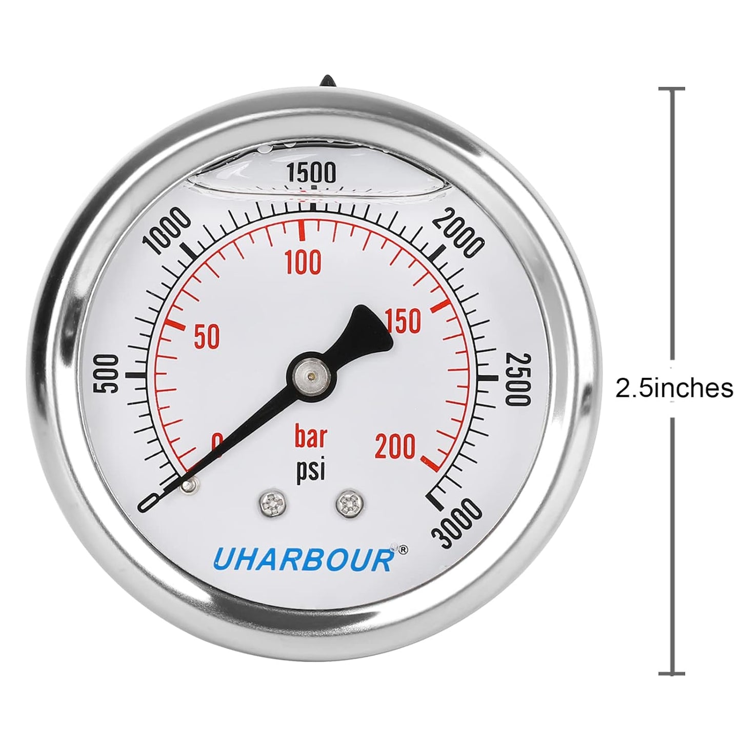 Glycerin Filled Pressure Gauge 3000psi/200bar, Stainless Steel case, Brass Inside Construction, 2-1/2" dial, 1/4" NPT Back Connection.…