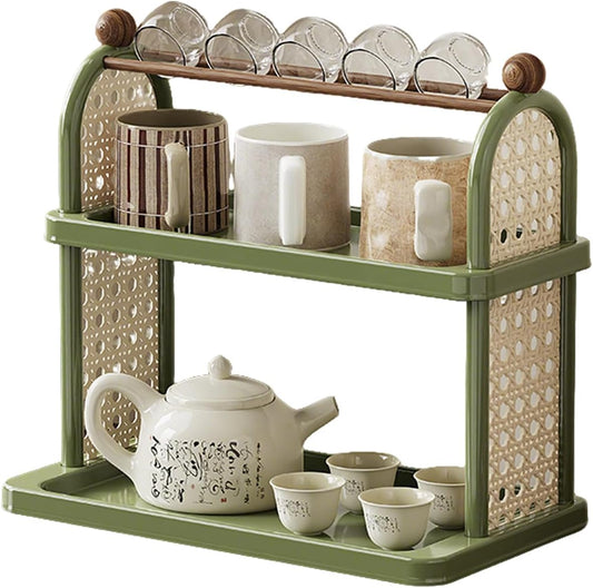 2-Tier Rattan Organizer Vintage Coffee Mug Cup Holder for Countertop Kitchen Bedroom and Living Room, Saucer Bottle Storage Kitchen Accessories (Green)