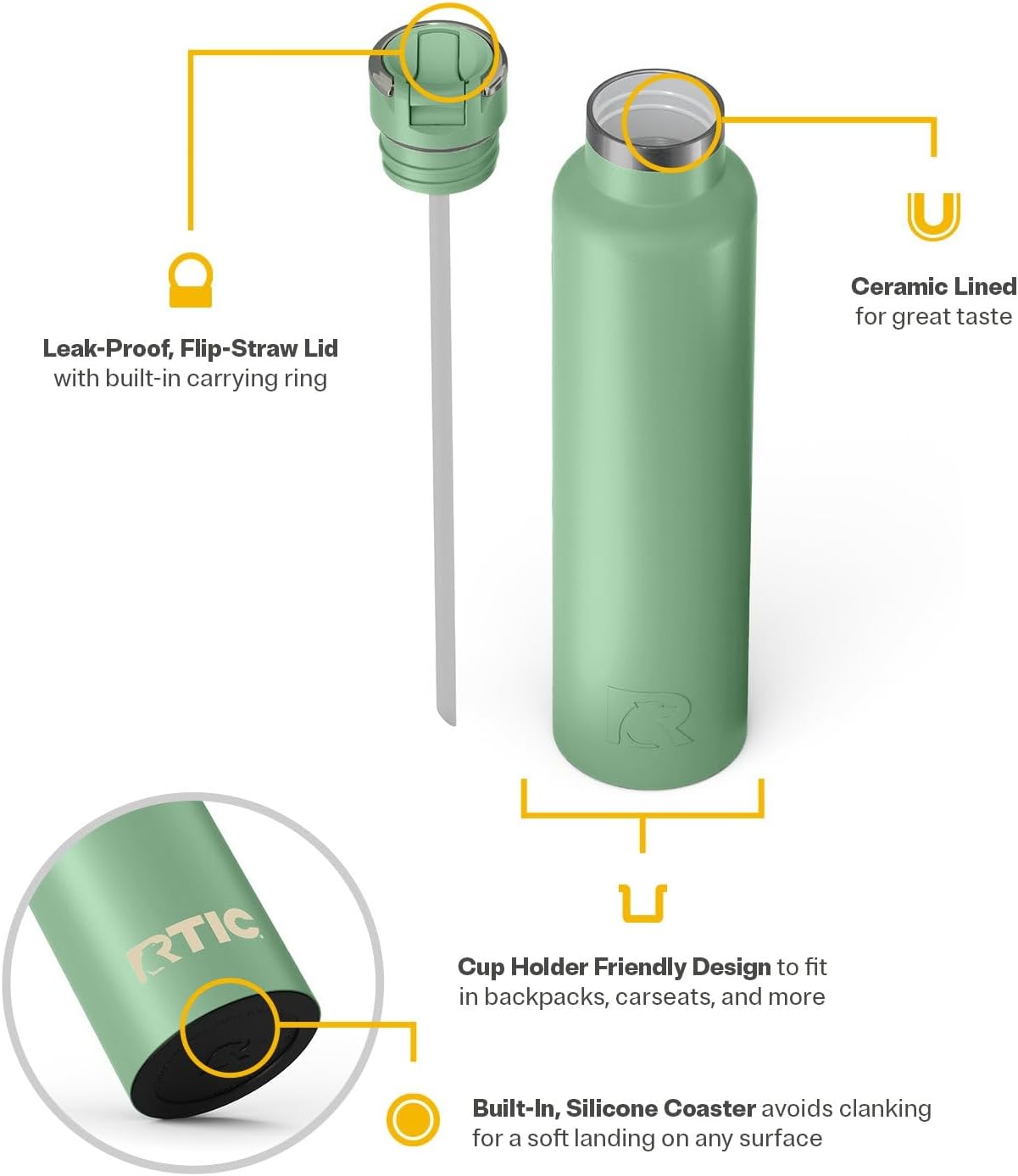RTIC 26oz Journey Bottle Metal Stainless Steel Vacuum Insulated, BPA Free, Reusable, for Water, Hot and Cold Drinks, Travel, Sports, Camping, Sage