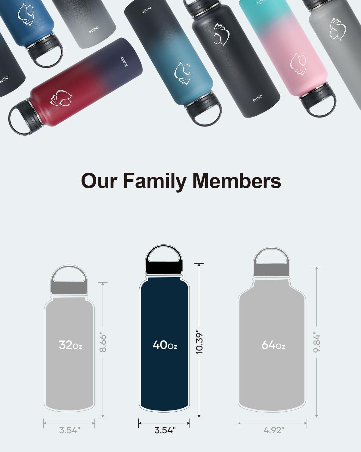 BUZIO 40 oz Water Bottle Insulated with Straw & 3 lid and Carrying Pouch, Leak Proof Anti-Slip Stainless Steel Water Flask Jug, Cold for 48 Hrs Double Vacuum Thermo Canteen, BPA-Free, Indigo Crush