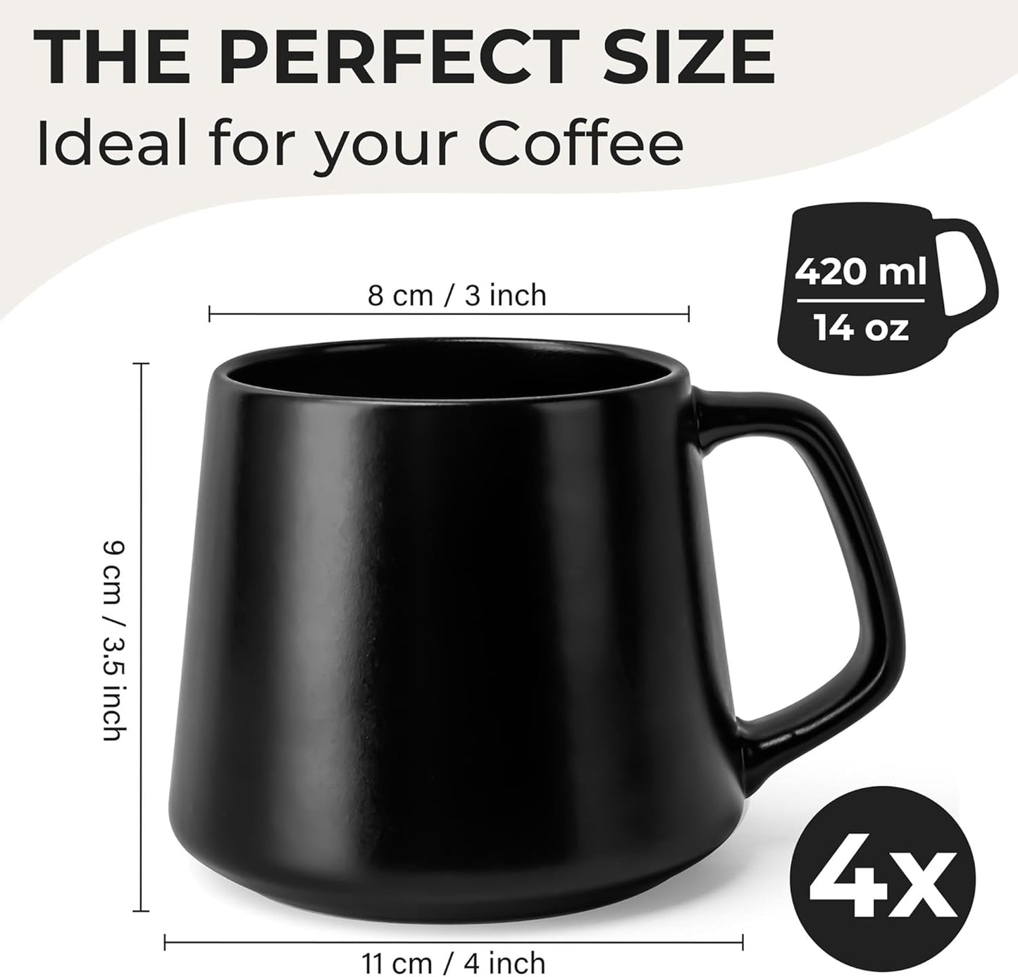 MIAMIO - Coffee Mugs Set of 4 / Large Ceramic Coffee Cups (14 oz) - Mug for Cappuccino, Tea, Espresso - Microwave and Dishwasher Safe - Luxe Collection (Black Series)