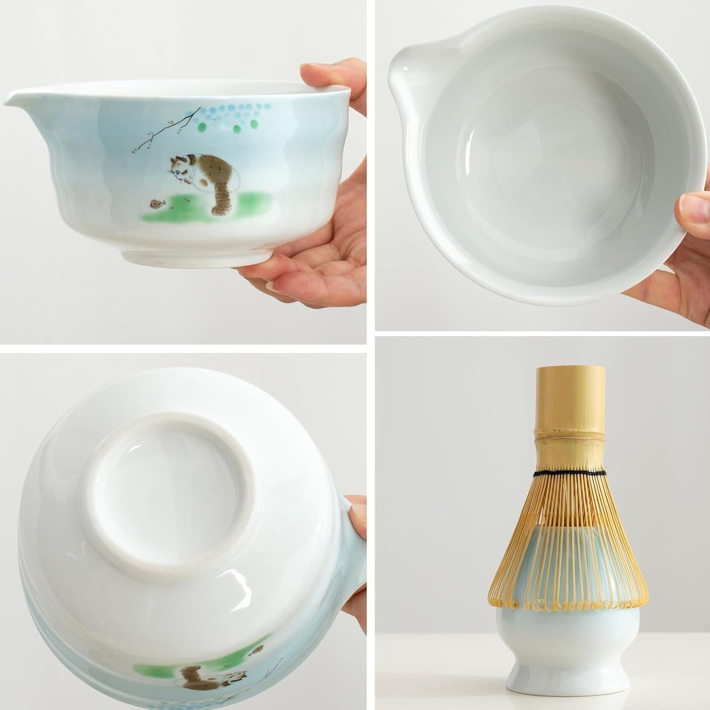 Matcha whisk and bowl set, ceramic matcha bowl with spout, matcha tea set for breakfast, matcha latte, perfect matcha set for ceremony 7 piece set (blue)