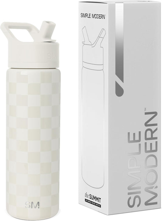 Simple Modern Water Bottle with Straw Lid | Vacuum Insulated Stainless Steel Metal | Reusable Leak Proof BPA-Free Cup for School | Summit Collection | 22oz, Cream Checkmate
