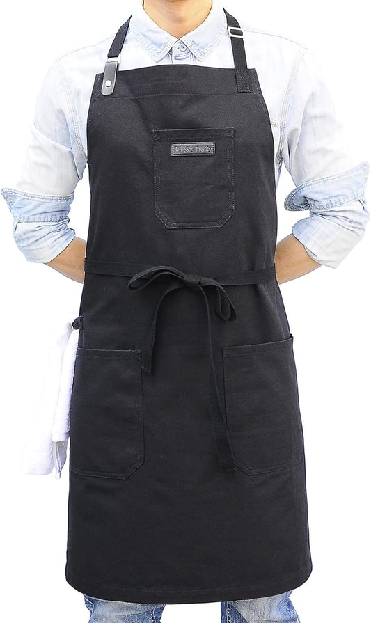 Black Cotton Kitchen Apron, Mens Womens Professional Cooking Bib Apron for Chef Grill BBQ, with Pockets Towel Loop and Adjustable Neck Strap