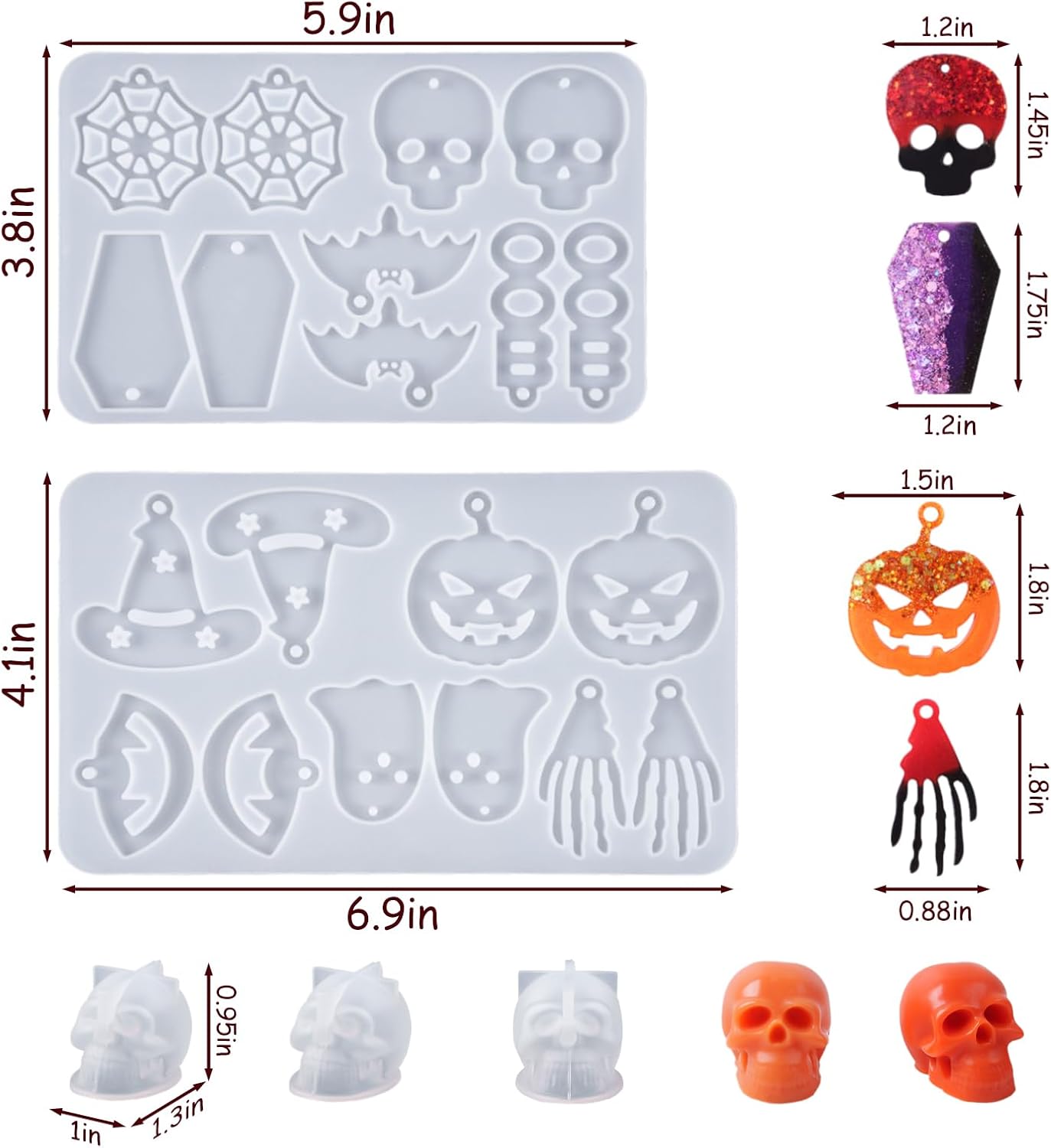 Halloween Resin Earrings Mold 3pcs Mini Skull Resin Jewelry Molds, Bat Pumpkin Coffin Silicone Mold for Earring Pendant Bracelet Keychain Making Kit DIY Epoxy Ornaments Holiday Gifts