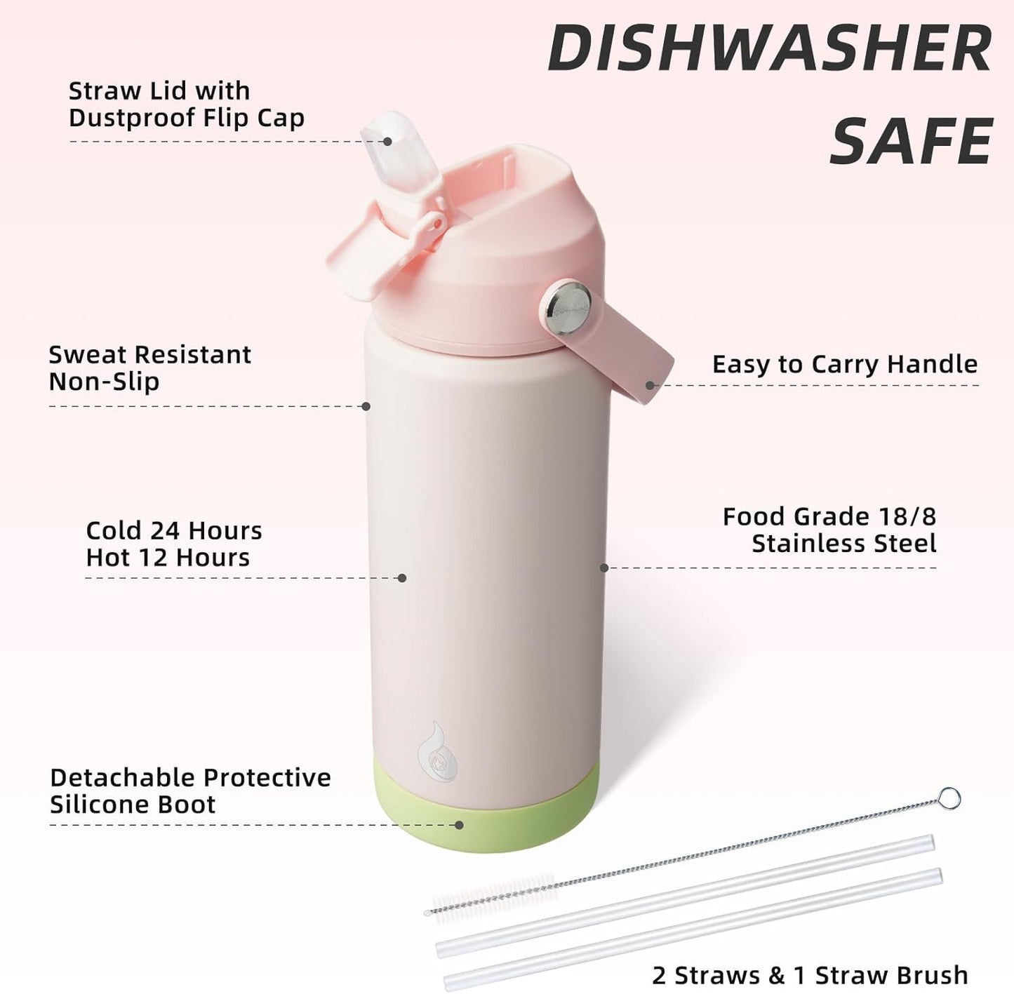 BJPKPK Insulated Water Bottle with Straw Lid, 18oz Thermos Water Bottles, Flex Handle & Non-slip Boot, BPA Free Leak Proof Stainless Steel Metal Thermos, Tumblers, Cups,Pearl Pink