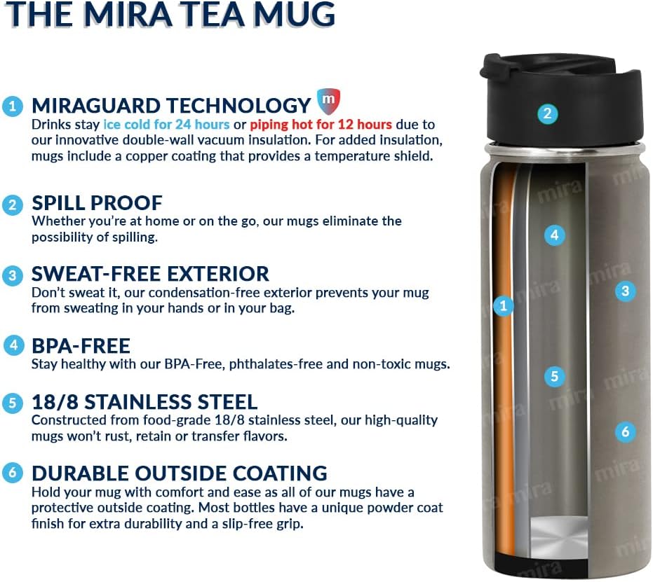 MIRA 18 oz Tea Infuser Thermos - Stainless Steel Travel Bottle with Removable Strainer for Loose Leaf Tea - Insulated Hot & Cold Brew Steeper - Heather