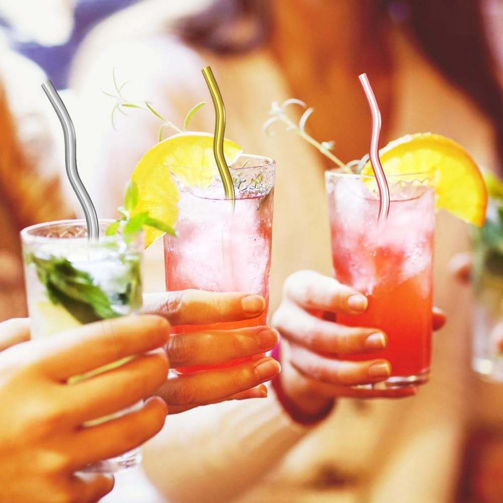 Reusable Stainless Steel Drinking Wavy Colorful Straws,With Curved Bend Metal Long Drinking Straws Set for Milkshake,Smoothie,Beverage,5 Piece. (Colorful)