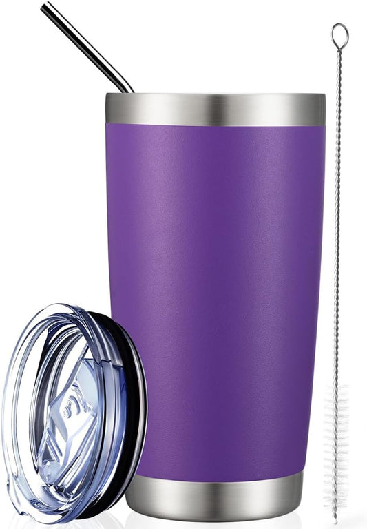 COMOOO 20oz Double Wall Vacuum Insulated Travel Mug, Stainless Steel Tumbler with Lid and Straw for Women Durable Powder Coated Insulated Coffee Cup for Cold & Hot Drinks(Purple, 1 Pack)