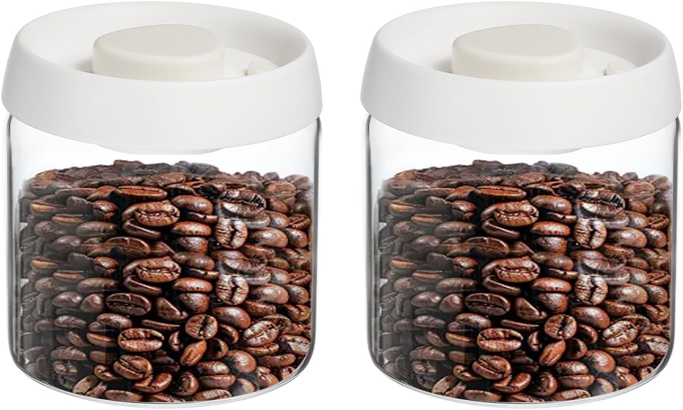 uxcell 2pcs Coffee Vacuum Container, 500ml/17oz Glass Coffee Bean Storage Container with Lids for Spices Biscuits Loose Leaf Tea, White