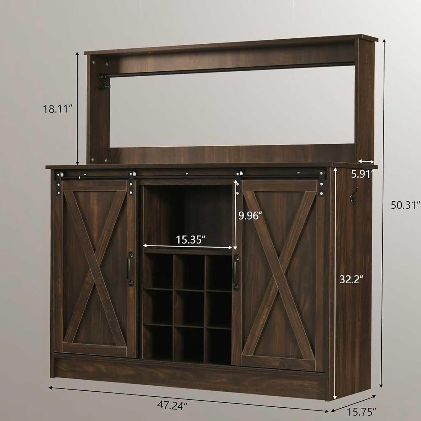 4ever2buy Farmhouse Coffee Bar Cabinet with 6 Hooks, 47 Inch Coffee Bar Hutch with 9 Wine Racks, Buffet Cabinet with Sliding Barn Door, Dark Oak