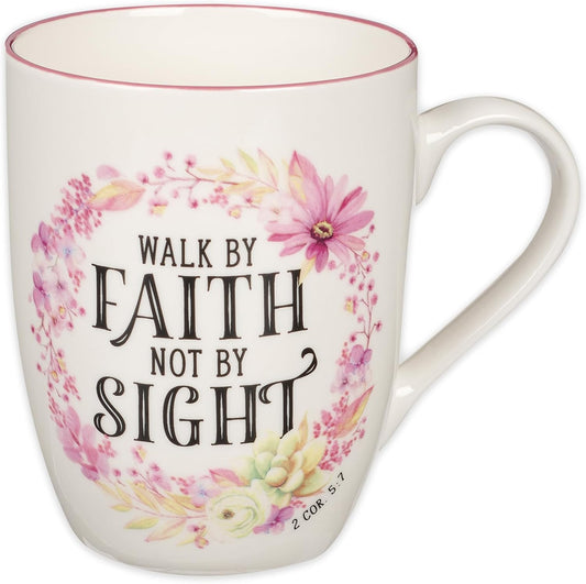 Christian Art Gifts Inspirational Scripture Ceramic Coffee & Tea Mug for Women: Walk by Faith Encouraging Bible Verse Cup, Microwave & Dishwasher Safe, Lead-free, White & Pink Floral Wreath, 12 oz.