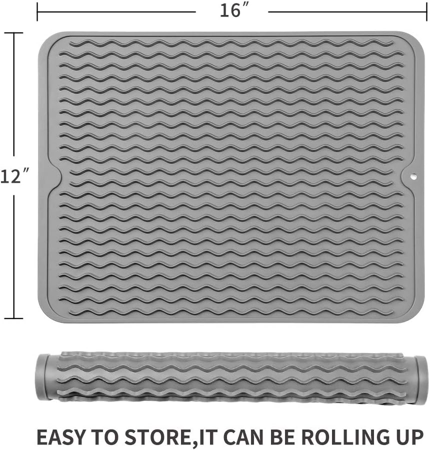 Silicone Dish Drying Mat for Multiple Usage,Easy clean,Eco-friendly,Heat-resistant Silicone Mat for Kitchen Counter or Sink,Refrigerator or drawer liner Grey L 16 inches x 12 inches