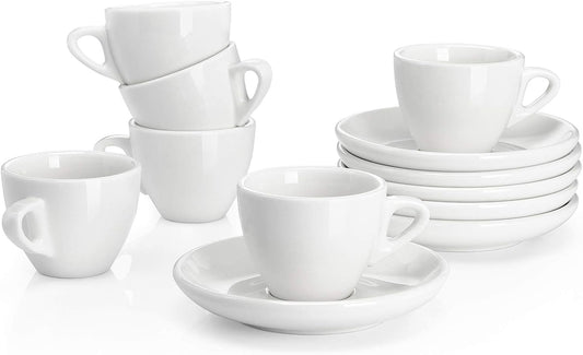 Sweese 2 Ounce Espresso Cups with Saucers, Porcelain Espresso Cups Set of 6 - White