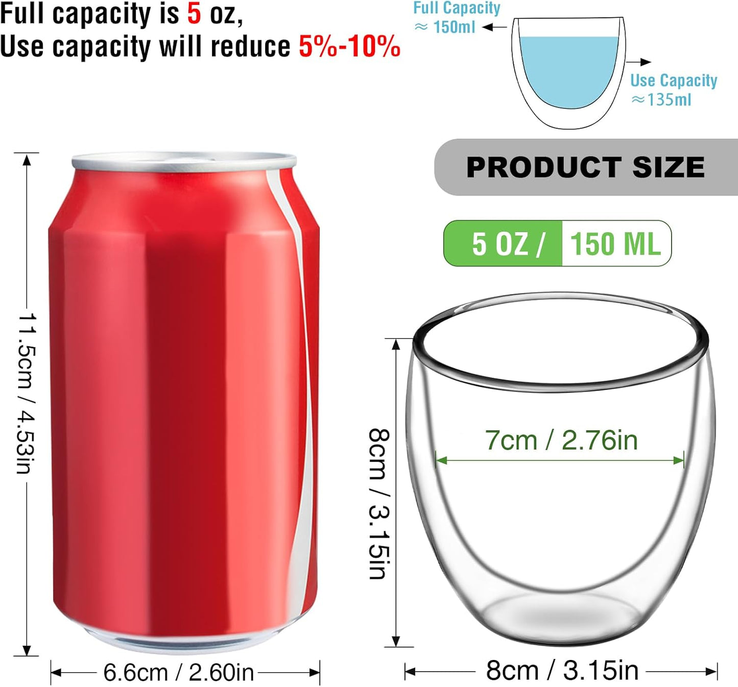 Espresso Cups Set of 4, 5 OZ Expresso Shots Glass Cup, Double Walled Glass Coffee Mugs, Espresso Machine Accessories,Insulated Clear Espresso Shot Glasses Cups,Water Won't Enter Between Double Walls