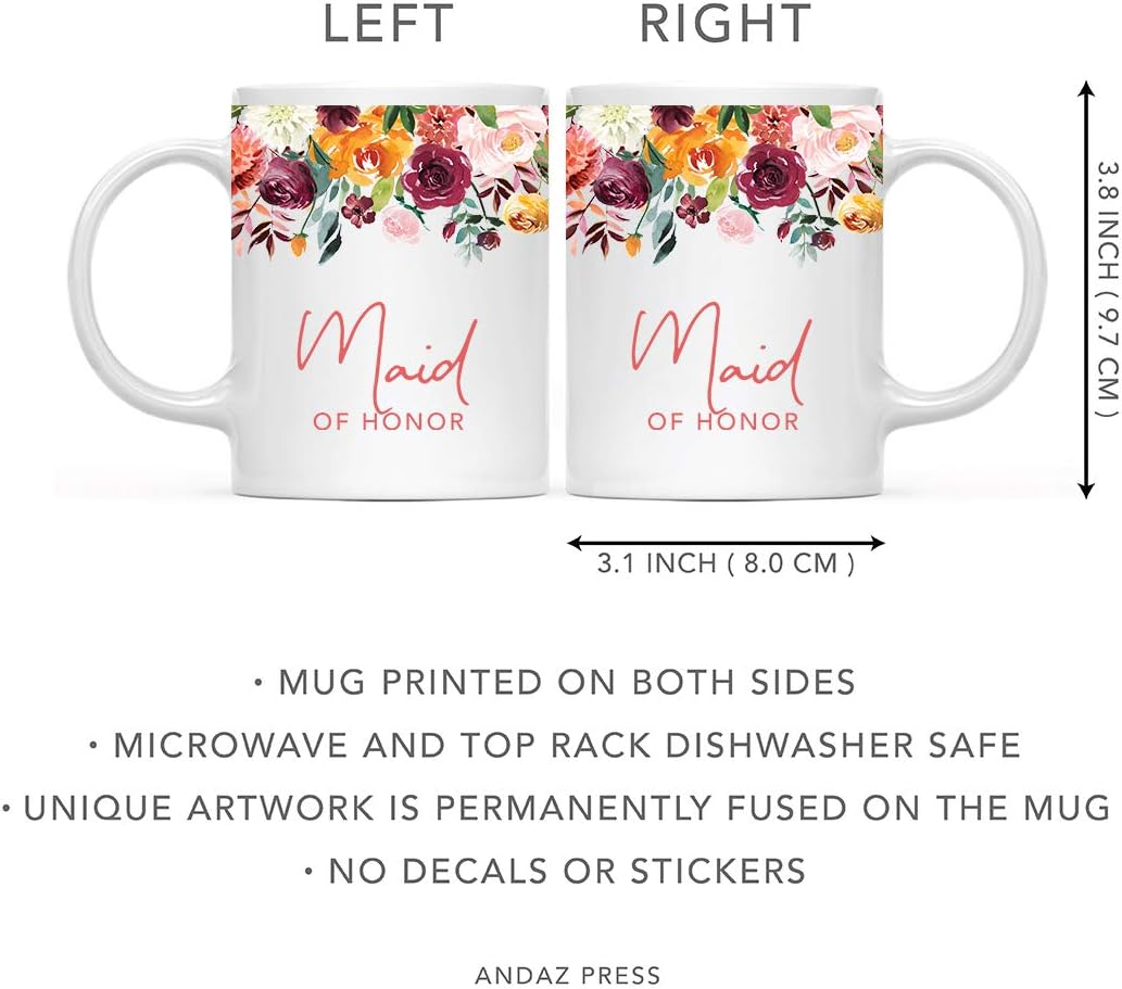 Andaz Press 11oz. Wedding Ceramic Coffee Tea Mug Gift, Fall Autumn Burgundy Orange Peach Flowers Roses Florals, Maid of Honor, 1-Pack, Includes Gift Box