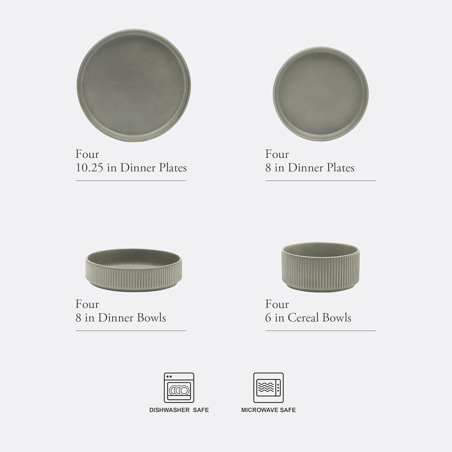 Gibson Elite Deerfield 16-Piece Stoneware Dinnerware Set – Soft Grey Reactive Glaze, Stackable Plates and Bowls, Service for 4 – Microwave & Dishwasher Safe