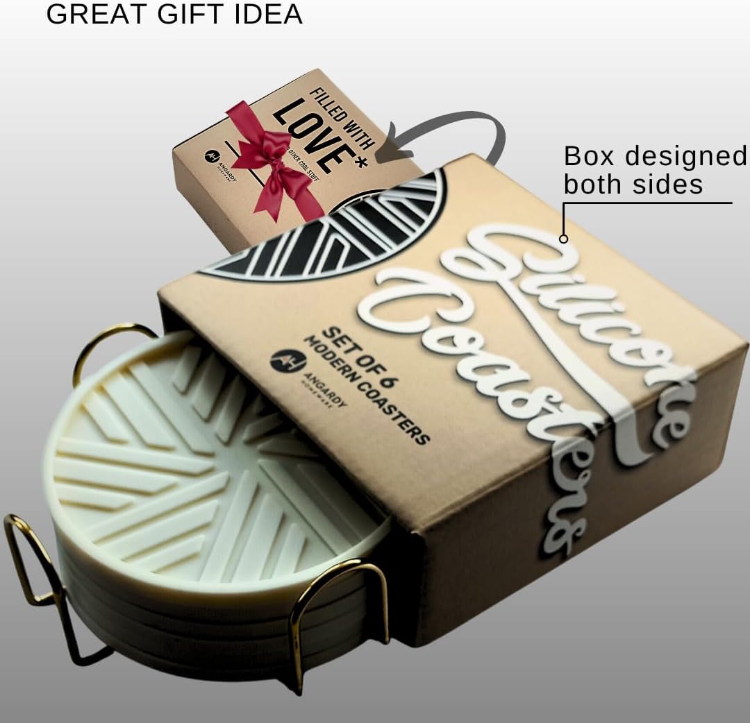 Silicone Coasters for Drinks, Set of 6 with Gold Holder and Modern Elegant Pattern, Unique Protection for Coffee Table, Living Room Decor and Housewarming Gift