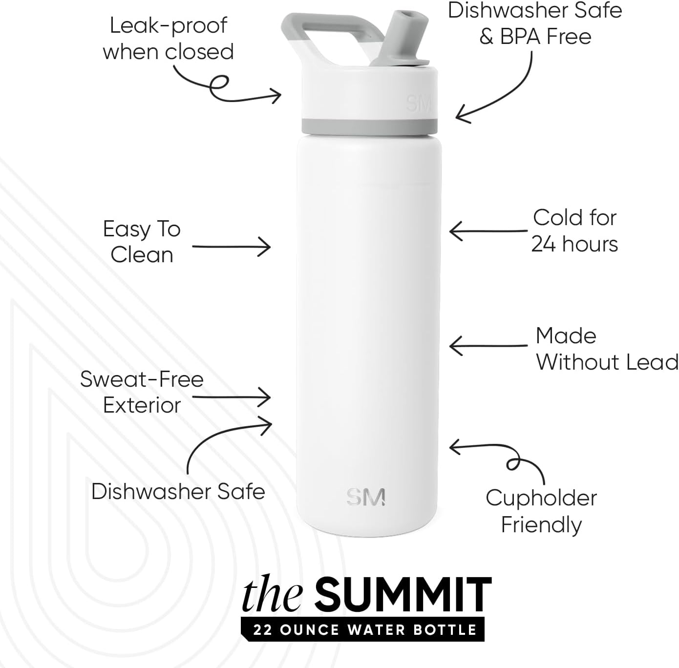 Simple Modern Water Bottle with Straw Lid Vacuum Insulated Stainless Steel | Reusable Leak Proof BPA-Free Flask for Gym, Travel, Sports | Summit Collection | 22oz, Winter White Mix