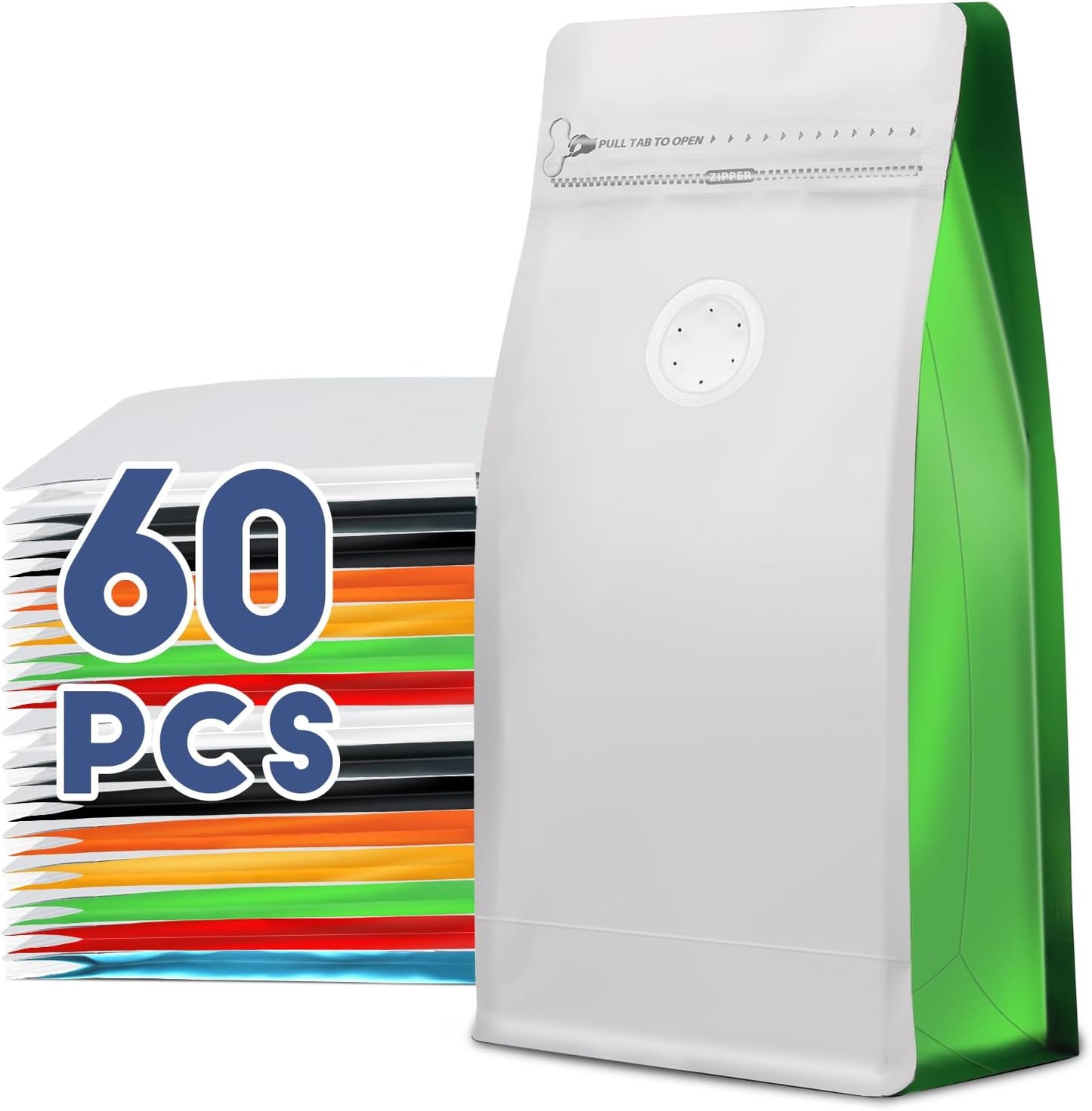Coffee Bags with Valve(60pcs,16 oz,1 lb) Vented Coffee Beans Packaging Bags High Barrier Aluminumed Foil Flat Bottom Heat Sealed Side Zipper Resealable Storage Bag for Home or Business（White+Green）