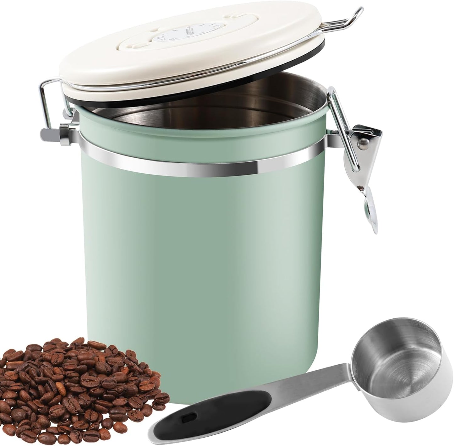 3Pcs Coffee Storage Canister 1.5L Double Airtight Coffee Beans Container with Date Locator 304 Stainless Steel Kitchen Food Storage Container with Spoon for Coffee Beans Grounds Tea,Green Sugar,Green