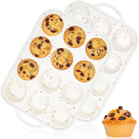 CAKETIME Regular Size Muffin Pan with Metal Reinforced Frame, Silicone Cupcake Pan Easy to Handle Nonstick 12 Cups Silicone Muffin Pans for Baking BPA Free 2 Pack