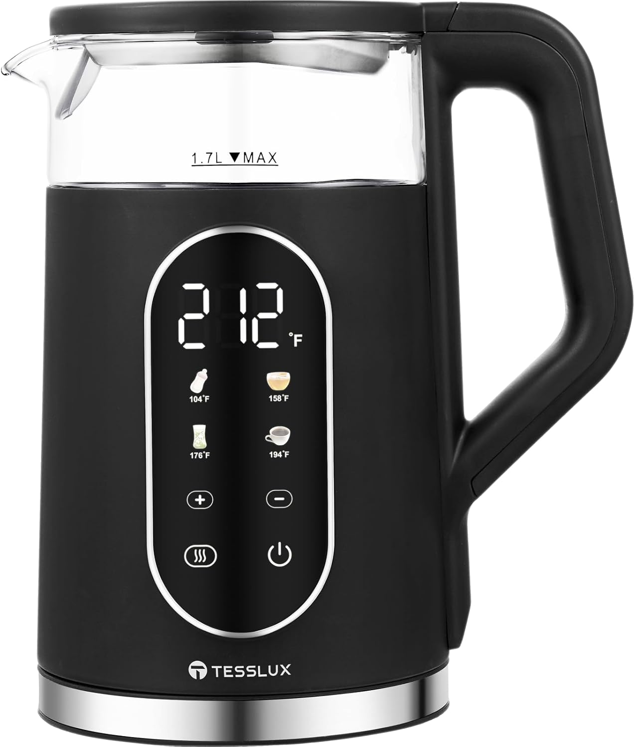 Electric Kettle, 1500W Fast Boiling Glass Water Kettle with Temperature Control, 1.7L Cordless Stainless Steel Base, Keep Warm & Auto Shut-Off, BPA-Free, Black