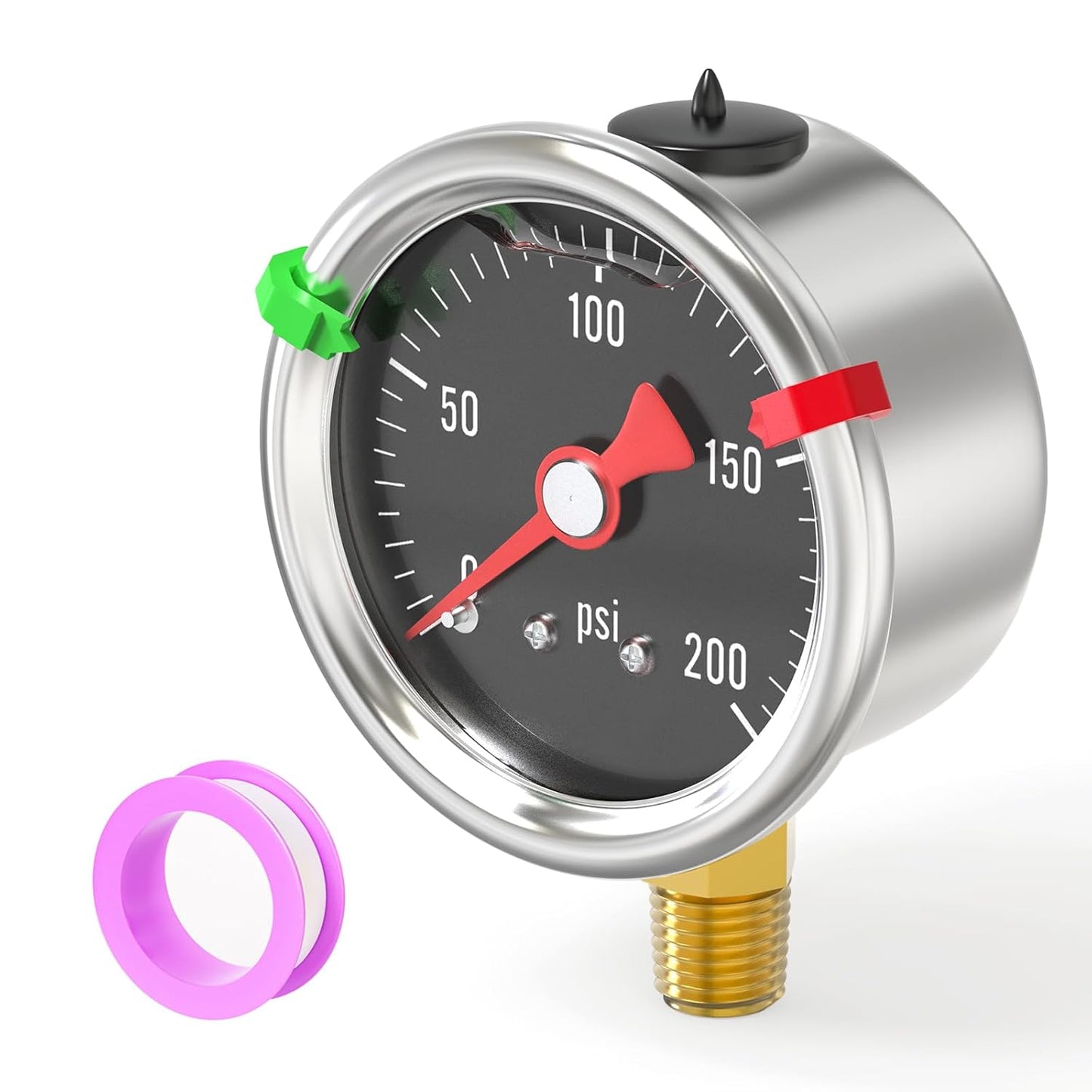 0-200PSI Stainless Steel Glycerin Filled Pressure Gauge 1.5" Black Dial Size, 1/8" NPT Lower Mount, for Tube, Water Pump, Gas, Liquid, Pressure Test (with Range Mark Pointer)