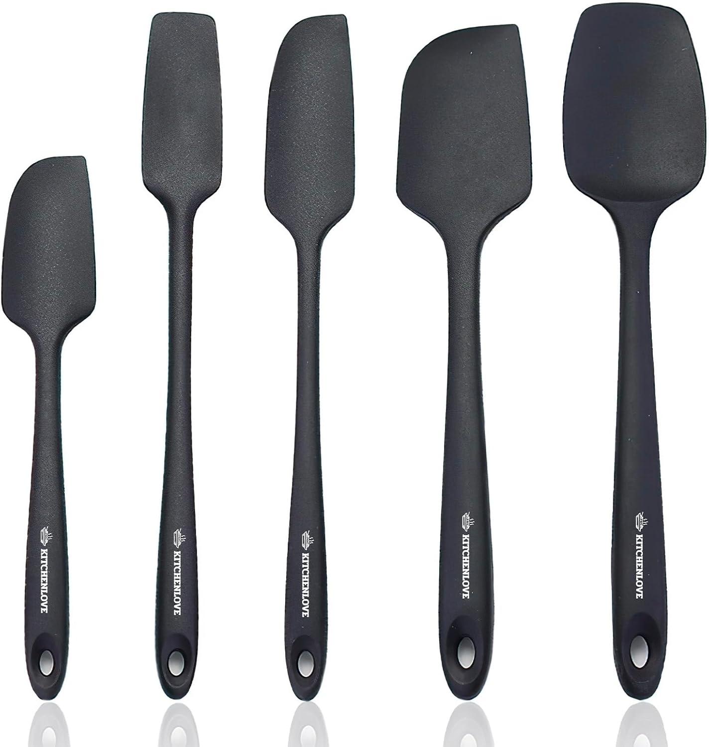 KITCHENLOVE Premium 600°F Heat Resistant 5 Piece Silicone Spatula Set for Baking, Cooking, Mixing - Non-Stick with High Grade S-Iron Steel Core - One Piece Seamless Design - BPA Free (Black)