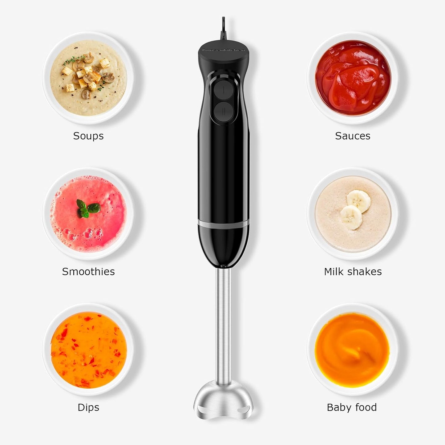 Bonsenkitchen Hand Blender, Immersion Blender with 2 Mixing Speed, Electric Handheld Mixer Portable Stick Mixer with Stainless Steel Blades for Soup, Smoothie, Puree, Baby Food