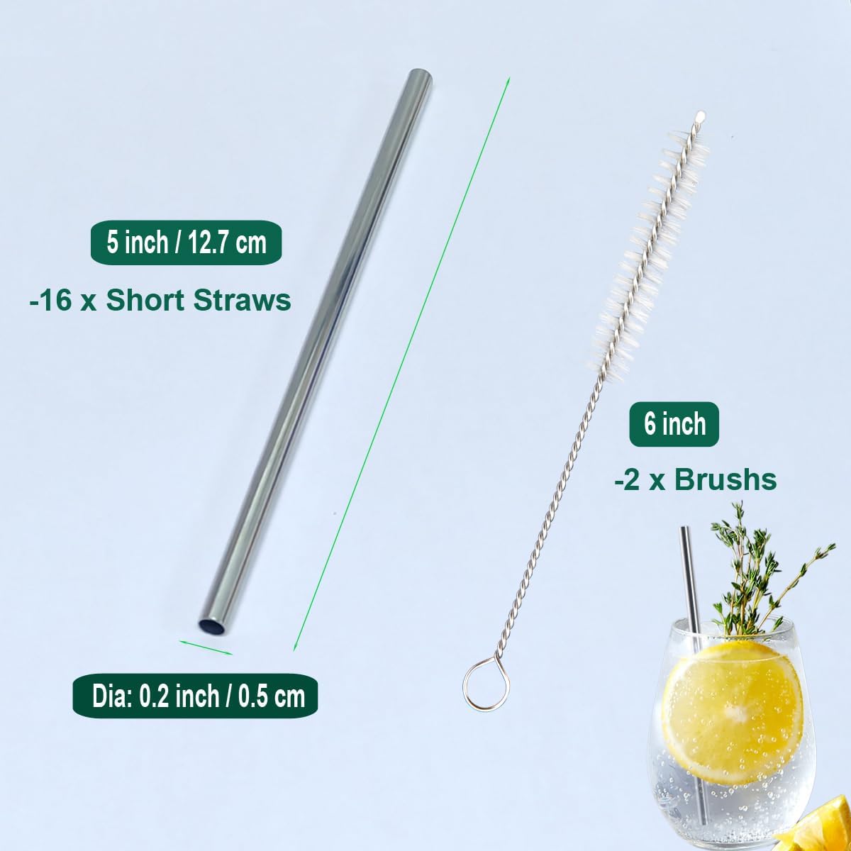 16 Pack 5 Inch Extra Short Metal Coffee Stir Straws, Reusable Stainless Steel Coffee Stirrer, Mini Bar Cocktail Straws with Cleaning Brush for Coffee Mugs, Small Glasses or Cups
