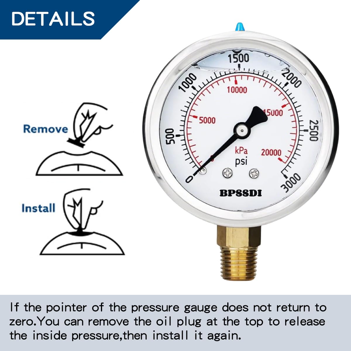 0-3000 Psi Glycerin Liquid Filled Hydraulic High Pressure Gauge, 2.5" Dial Size, 1/4" NPT Lower Mount, 304 Stainless Steel Case, for Water Oil Air Gas Pressure Test