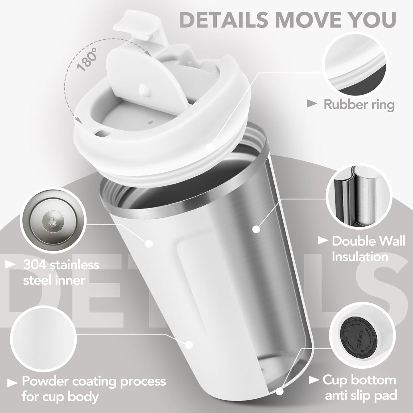 Volhoply 12 oz Double Wall Insulated Vacuum Travel Coffee Mug with Flip Lid,Reusable Stainless Steel Leak Proof Coffee Cup,Portable Iced Cafe Thermal Tumbler Suitable for Hot&Cold Drinks(White,1 Set)