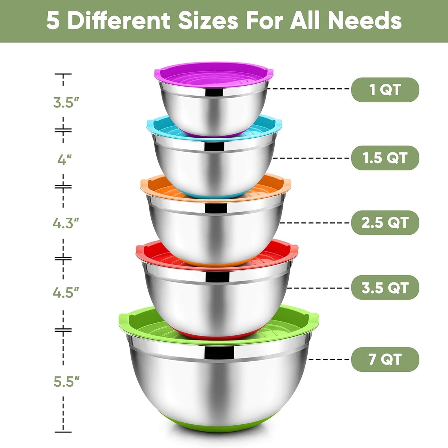 TeamFar Mixing Bowls with Lids Set, 1/1.5/2.5/3.5/7 QT, Stainless Steel Large Metal Nesting Salad Bowl Set of 5, Healthy & Sturdy, Non-slip Bottom & Airtight Lid, Multi-Color