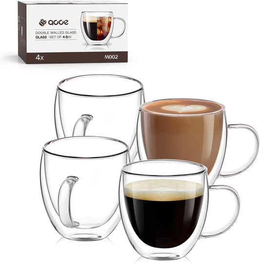 OJA Espresso Cups Set of 4, Hand Blown 5OZ Double Wall Glass Mugs with Handle Perfect for Cappuccino, Latte, Tea, Clear Glass Espresso Shot Cups Suitable for Coffee Machine