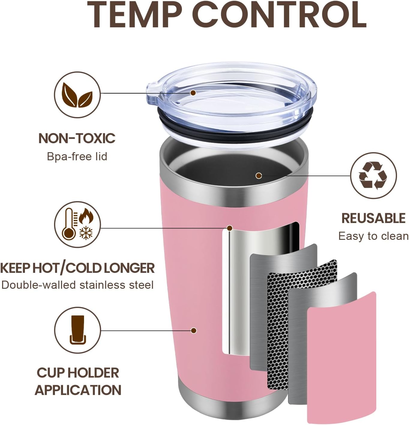 MEWAY 20oz Tumbler Cup Double Wall Vacuum Insulated Travel Mug Bulk, Stainless Steel Tumblers with Lid and Straw, Durable Powder Coated Coffee Cups for Cold & Hot Drinks (Pink, 1)