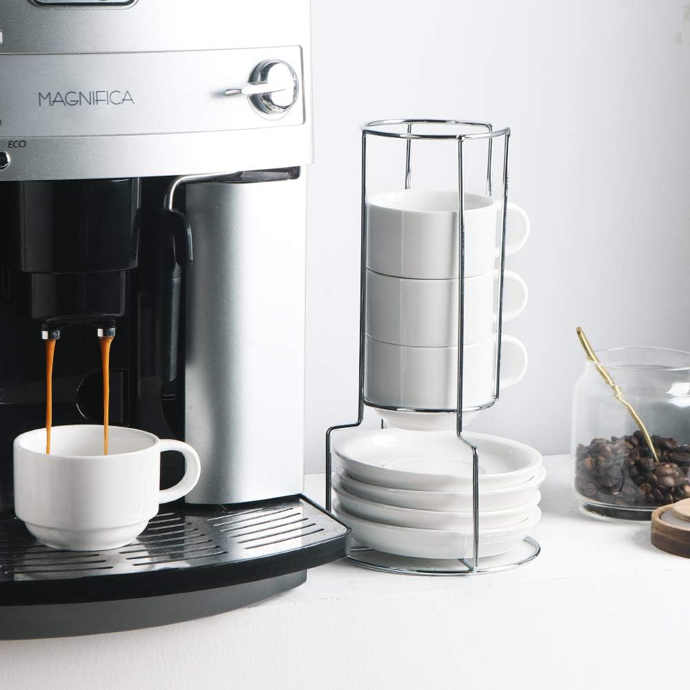 Sweejar Porcelain Cappuccino Cups with Saucers and Metal Stand, 8 Ounce Stackable Espresso Cups for Specialty Coffee Drinks, Latte, Americano, Tea - Set of 4 (White)