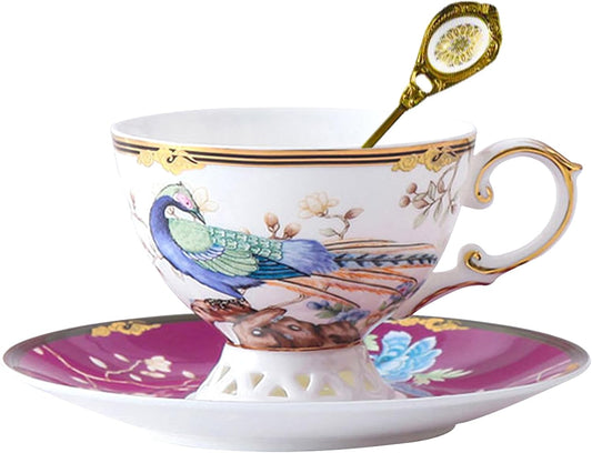 ACMLIFE Bone China Tea Cup and Saucer Set - Bone China Tea Coffee Cup and Saucer Set for 1 Luxury Fine China Tea Cup Set for One Blue Vintage Teacups and Saucers for Women Tea Party or Gift Giving