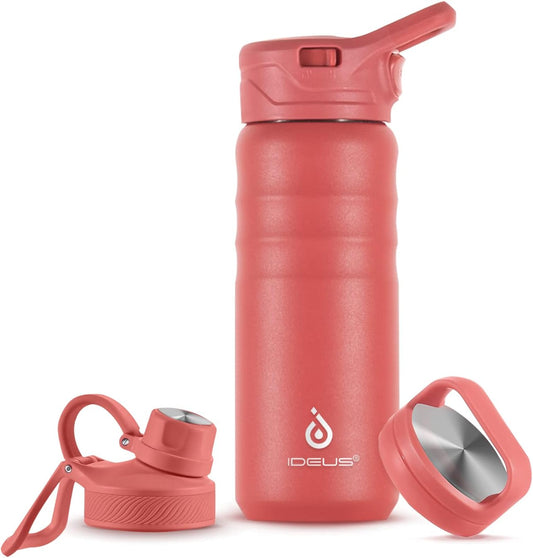 IDEUS Insulated Stainless Steel Water Bottle with 2 Leak-Proof Lids, Thermal Water Flask for Hiking Biking, 18oz, Red