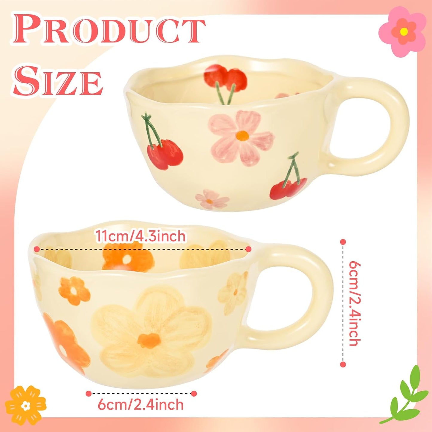 Ceramic Coffee Mug Set of 2 Vintage Flower Mugs 8 oz Cute Floral Coffee Mugs Irregular Latte Art Cup Lead-free Porcelain Cups for Cappuccino, Cocoa (Pink Cherry and Orange Flower)