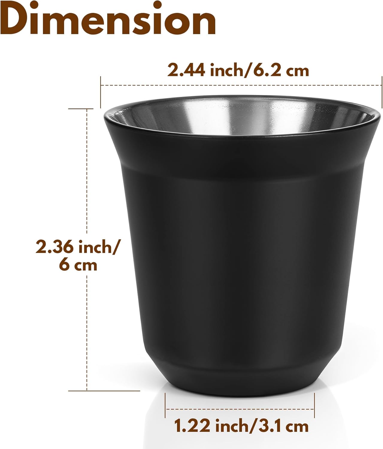 RECAPS 80ml Stainless Steel Espresso Cups Set - 2 Pack Double Wall 304 Stainless Steel Demitasse Cups 2.7oz,Black (Small Cup)