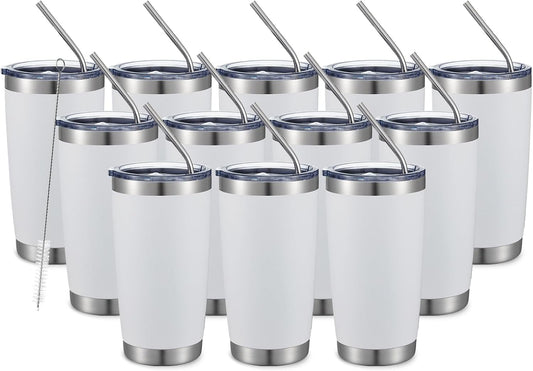 COMOOO 20oz White Tumbler Double Wall Vacuum Insulated Travel Mug Stainless Steel Coffee Mug with Lid and Straw Durable Powder Coated Insulated Coffee Cup for Cold & Hot Drinks (White,12 pack