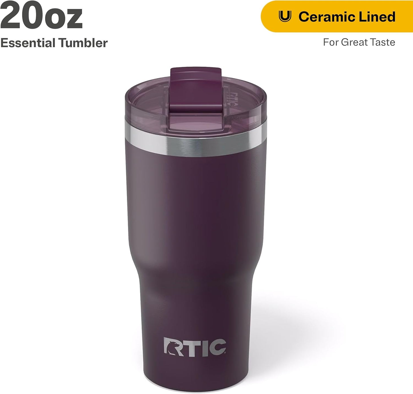 RTIC 20oz Essential Tumbler with Lid, Insulated, Stainless Steel, Metal, Double Wall Vacuum-Insulation, Ceramic Lined, Travel Cup for Iced Coffee, Tea, Hot and Cold Drink, Plum