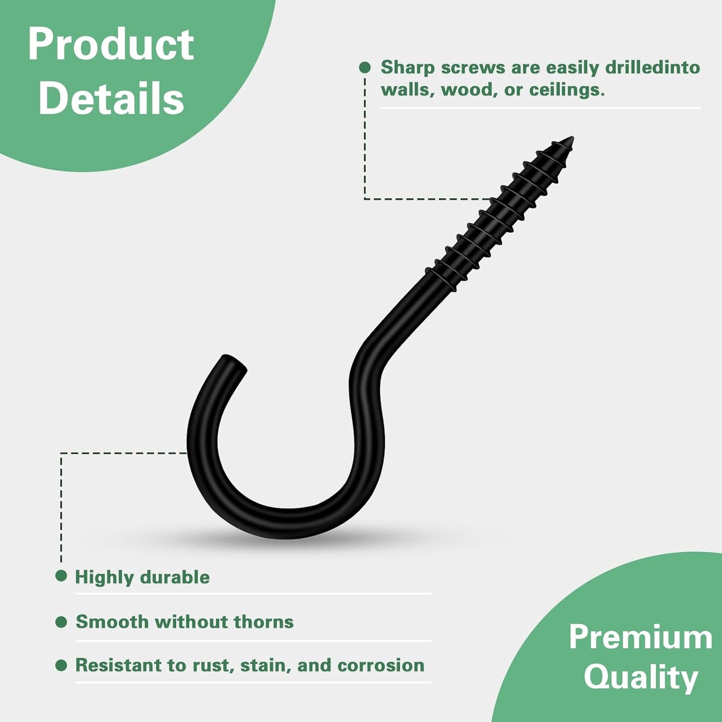 125 Pcs Screw Hooks in 5 Sizes – Cup Hooks for Hanging Plants, Mugs, Lights, and Ceiling Storage (Black)