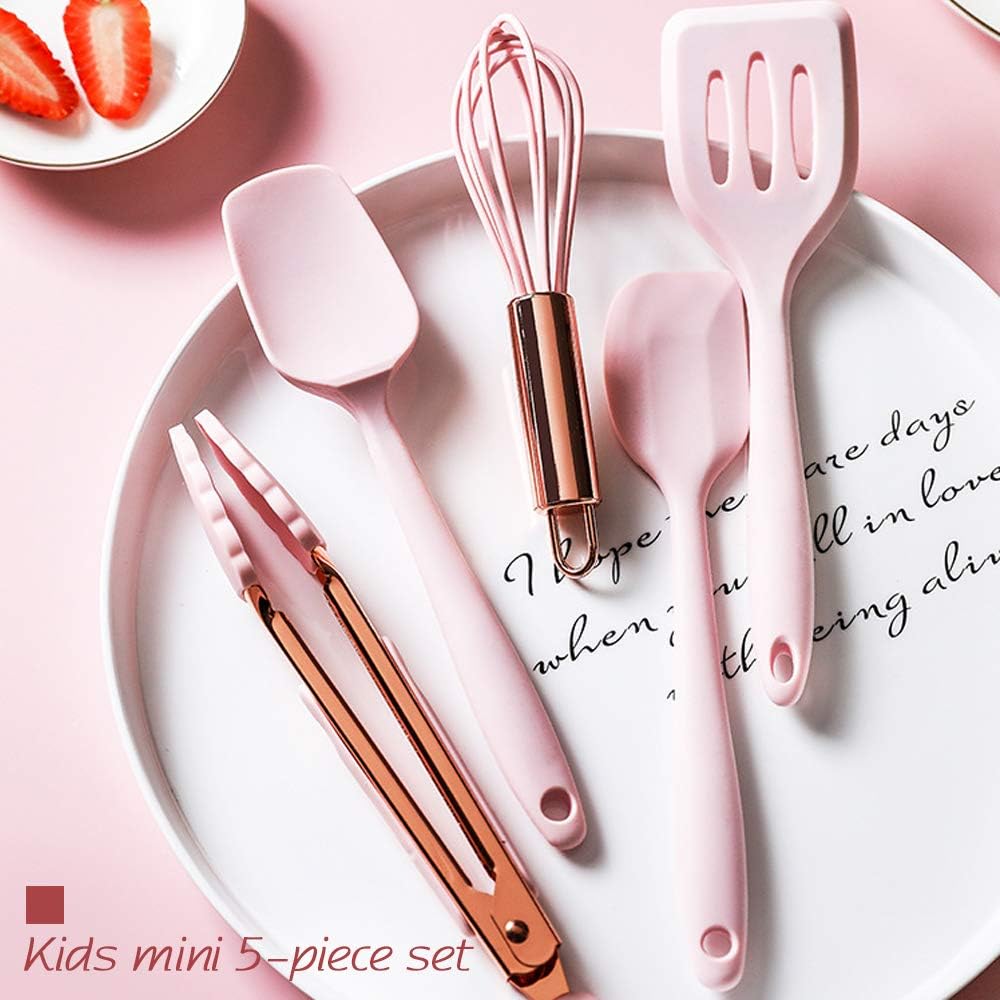 Rose Gold And Pink Kitchen Utensil Small Five-Piece Set Mini Silicone Kids Kitchen Tools Whisk Spatula Tongs Spoon And Slotted Spatula(Kids Baking Supplies)