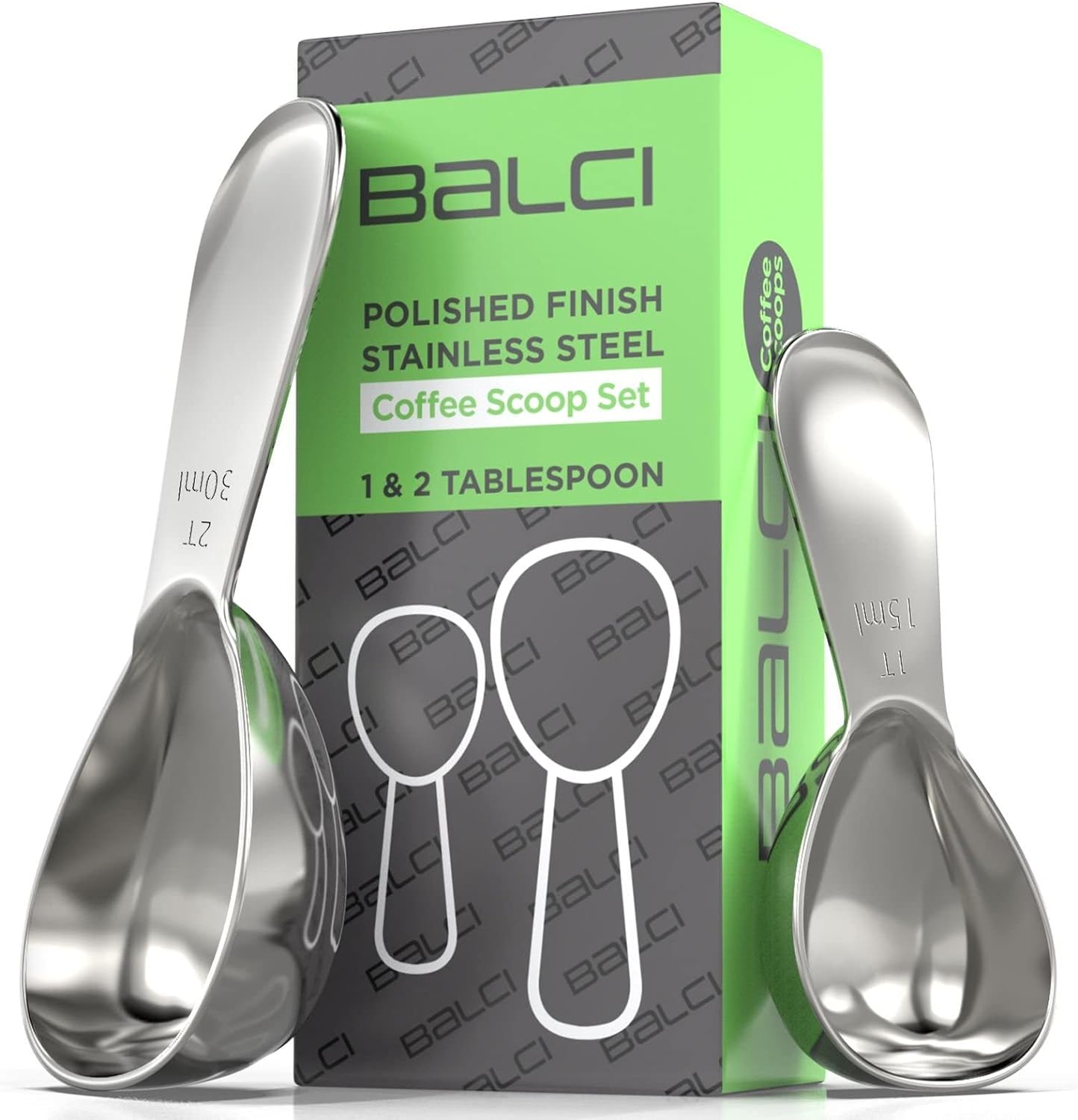 BALCI - Stainless Steel Coffee Scoop Set (1&2 Tablespoon, 15ml and 30ml) Exact Measuring Spoons for Coffee, Tea, Sugar, Flour and More!