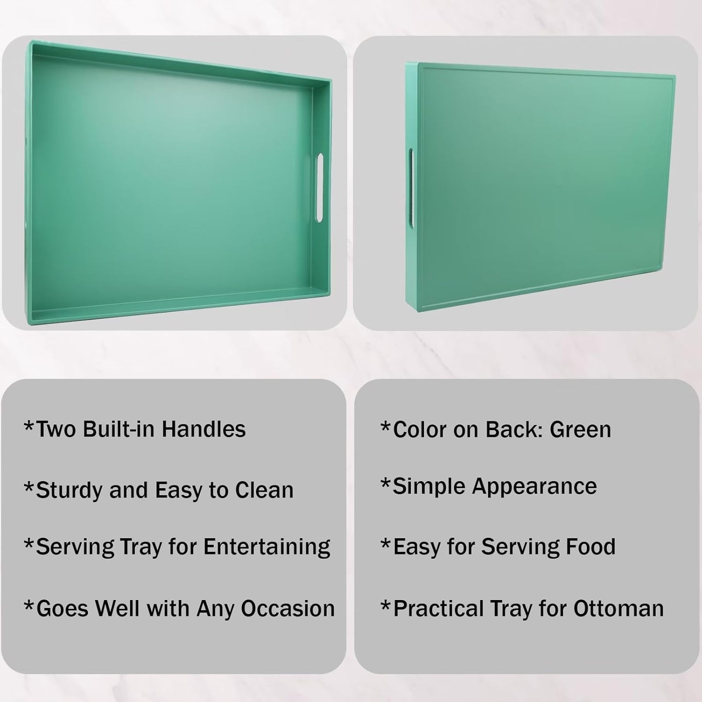 Green Serving Tray for Coffee Table, Rectangular Plastic Decorative Tray with Handles for Entertaining, Outdoor Patio, Living Room, Ottoman, Bathroom Counter, 11.8”*15.7”*1.6”